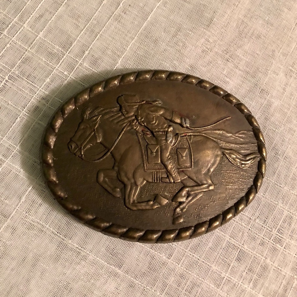 Vintage 1981 Commemorative Brass Belt Buckle Mervyn's Pony Express Rider